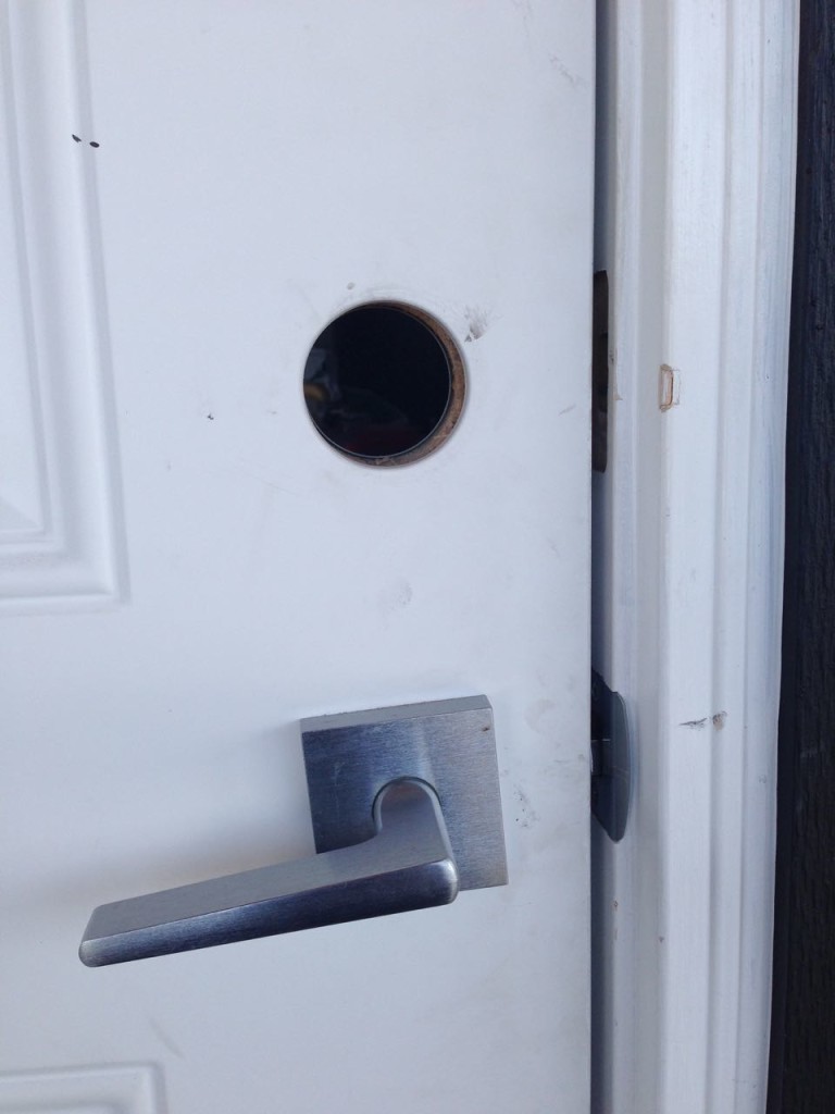 Prepping the door for installation of  an Abloy Deadbolt, Door Reinforcer and Strike Plate (Vancouver Special)